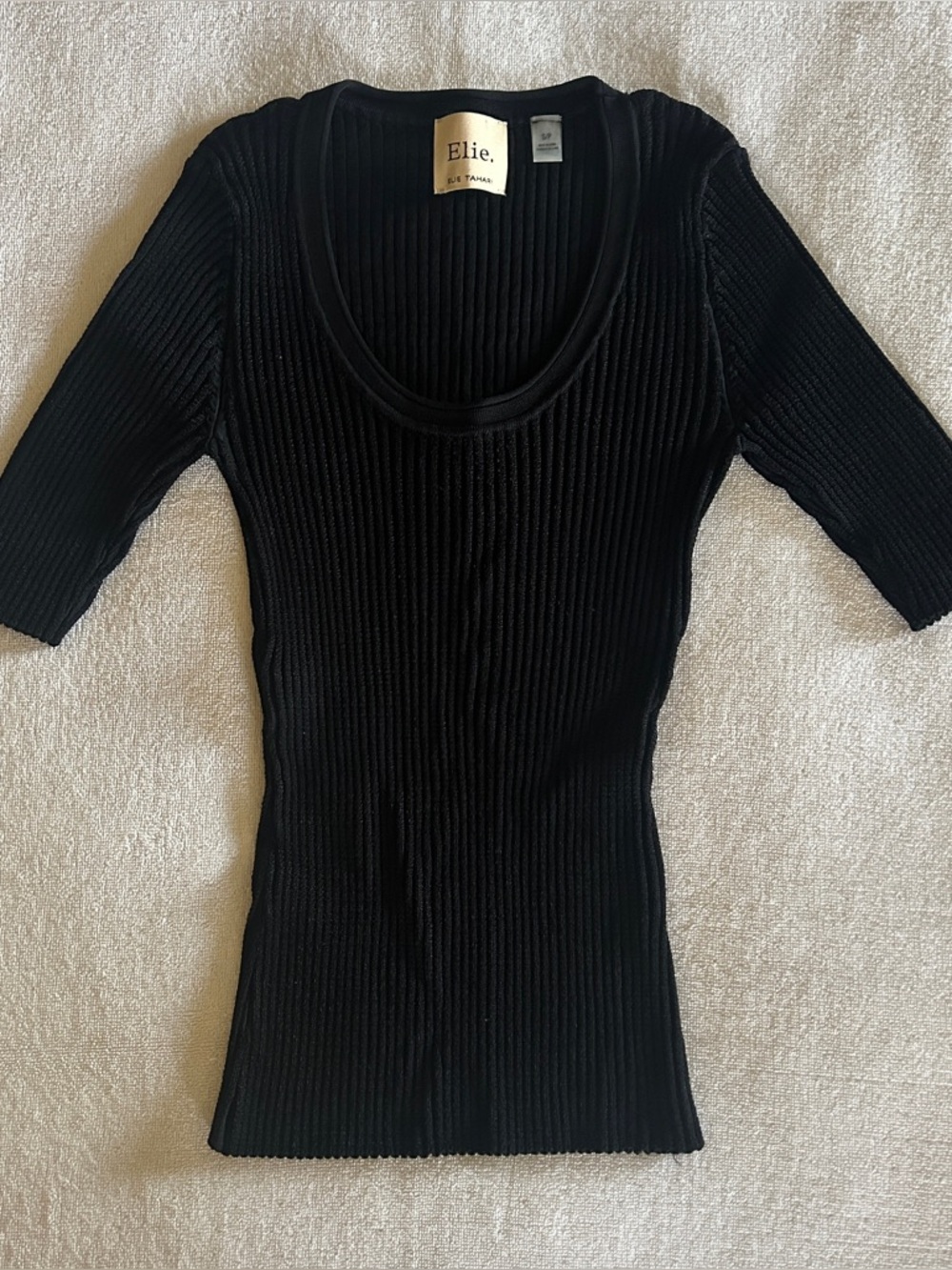 Elie Tahari Black Ribbed 1/4 Sleeve Top